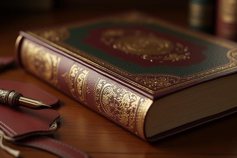 A beautifully finished custom-bound book with intricate gold tooling on the spine and a luxurious leather cover, resting on a wooden desk.
